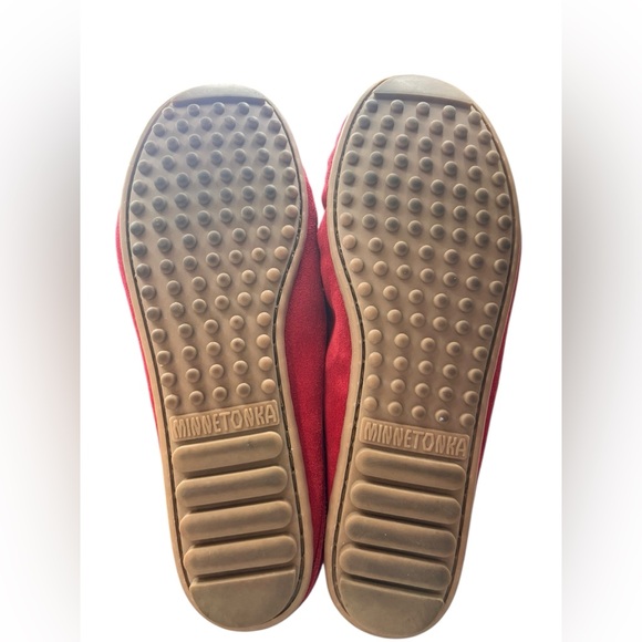 Minnetonka Red Suede Driving Moccasins | Size 8 | Pearl-Studded Slip-On Loafers - Picture 3 of 8